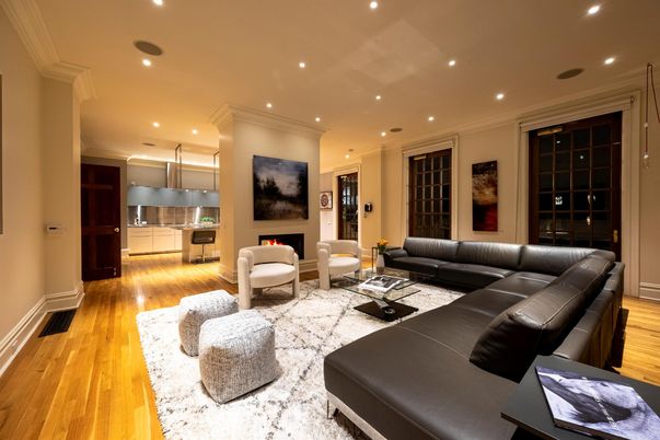 Fireplace, Interior, Kitchen, Living room, Recessed Lighting, Wood Texture Flooring