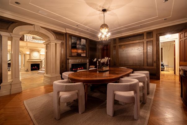Dining room, Fireplace, Interior, Pendant Lights, Wood Texture Flooring