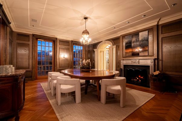 Dining room, Fireplace, Interior, Pendant Lights, Wood Texture Flooring