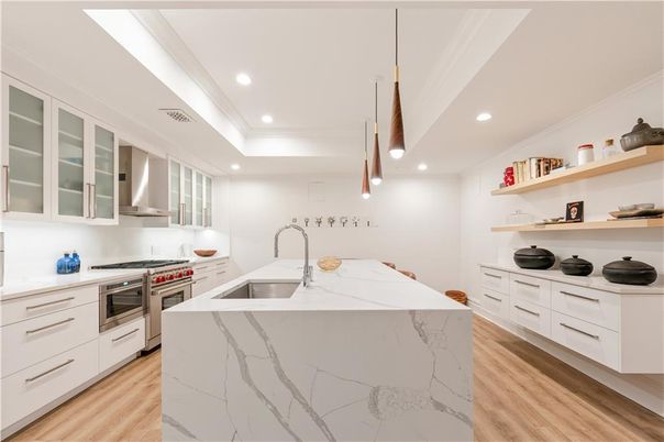 Interior, Kitchen, Recessed Lighting, Stainless Steel Appliances, Wood Texture Flooring