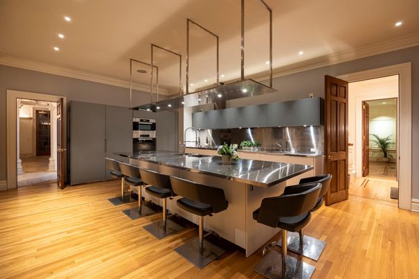 Interior, Kitchen, Pendant Lights, Recessed Lighting, Stainless Steel Appliances, Wood Texture Flooring