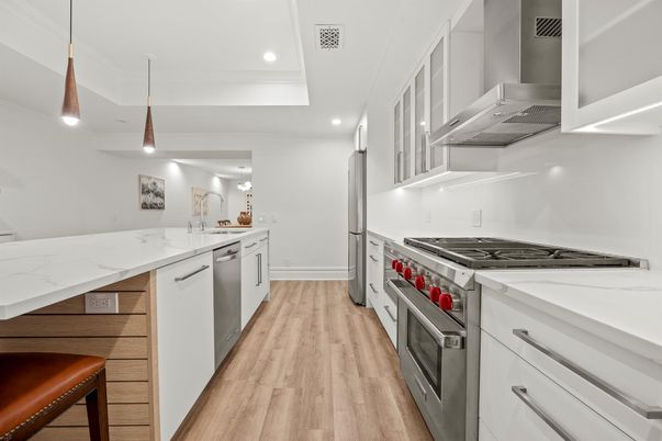 Interior, Kitchen, Pendant Lights, Recessed Lighting, Stainless Steel Appliances, Wood Texture Flooring