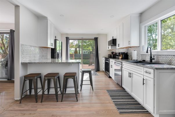 Interior, Kitchen, Recessed Lighting, Stainless Steel Appliances, Wood Texture Flooring