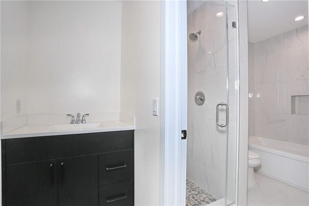 Bathroom, Glass Shower, Interior, Marble Walls, Recessed Lighting