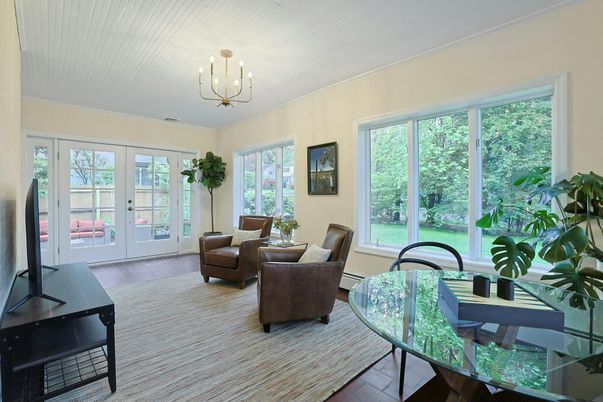 Dining room, Interior, Living room, Pendant Lights, Wood Texture Flooring