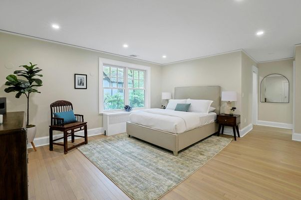 Bedroom, Interior, Recessed Lighting, Wood Texture Flooring