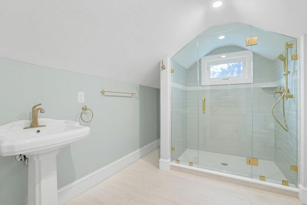 Bathroom, Glass Shower, Interior, Recessed Lighting, Wood Texture Flooring