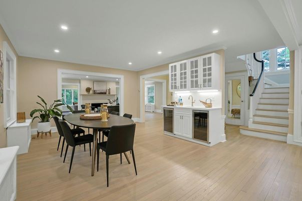 Dining room, Interior, Kitchen, Recessed Lighting, Wood Texture Flooring