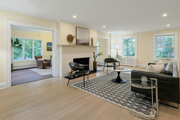 Fireplace, Interior, Living room, Recessed Lighting, Wood Texture Flooring
