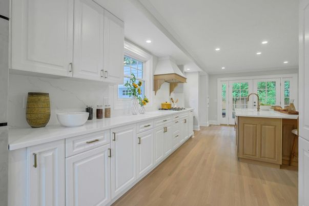 Interior, Kitchen, Marble Walls, Recessed Lighting, Wood Texture Flooring