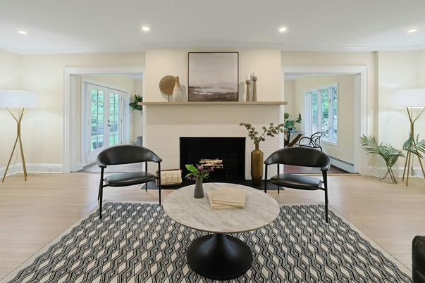 Fireplace, Interior, Recessed Lighting, Wood Texture Flooring