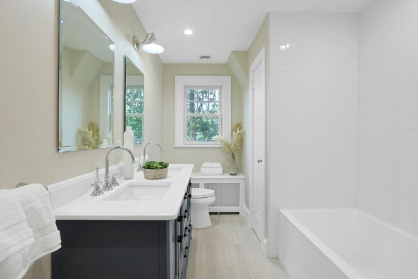 Bathroom, Dual Sink Vanities, Interior, Recessed Lighting, Wood Texture Flooring