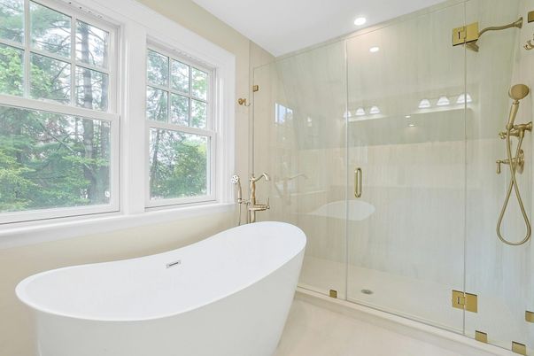 Bathroom, Free Standing Baths, Glass Shower, Interior, Recessed Lighting