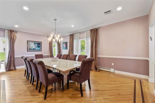 Chandelier, Dining room, Interior, Recessed Lighting, Wood Texture Flooring
