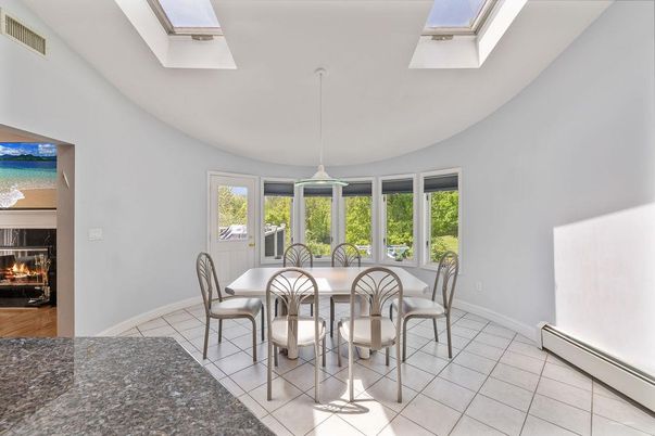 Dining room, Fireplace, Interior, Pendant Lights