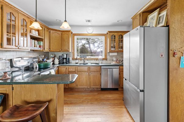 Interior, Kitchen, Pendant Lights, Recessed Lighting, Stainless Steel Appliances, Wood Texture Flooring