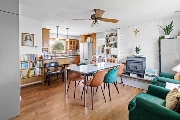 Dining room, Fireplace, Interior, Kitchen, Living room, Pendant Lights, Stone Walls, Wood Texture Flooring