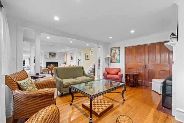 Fireplace, Interior, Living room, Recessed Lighting, Wood Texture Flooring