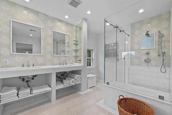 Bathroom, Dual Sink Vanities, Glass Shower, Interior, Recessed Lighting