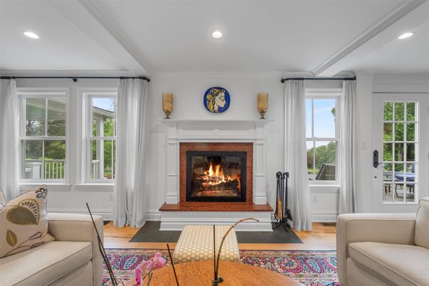 Fireplace, Interior, Recessed Lighting, Wood Texture Flooring
