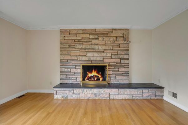 Empty room, Fireplace, Interior, Stone Walls, Wood Texture Flooring