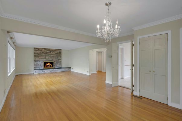 Chandelier, Empty room, Fireplace, Interior, Wood Texture Flooring