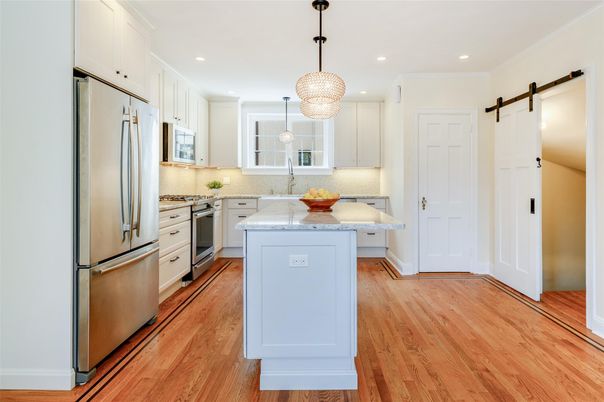 Interior, Kitchen, Pendant Lights, Recessed Lighting, Stainless Steel Appliances, Wood Texture Flooring