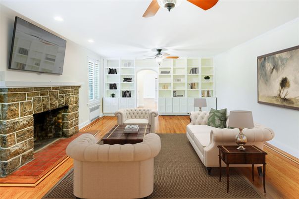 Fireplace, Interior, Living room, Recessed Lighting, Wood Texture Flooring