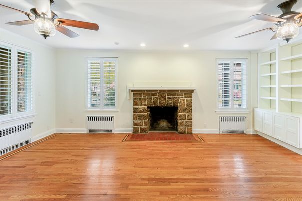 Empty room, Fireplace, Interior, Recessed Lighting, Wood Texture Flooring