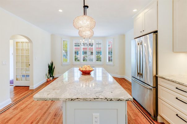 Chandelier, Interior, Kitchen, Recessed Lighting, Stainless Steel Appliances, Wood Texture Flooring