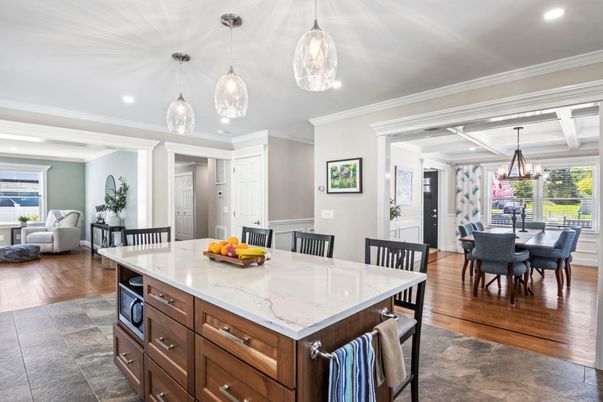 Chandelier, Dining room, Interior, Kitchen, Living room, Pendant Lights, Recessed Lighting, Wood Texture Flooring