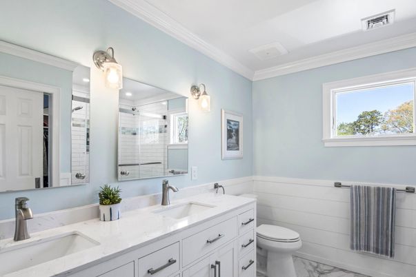 Bathroom, Dual Sink Vanities, Glass Shower, Interior, Marble