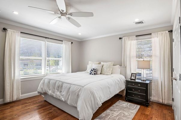 Bedroom, Interior, Recessed Lighting, Wood Texture Flooring