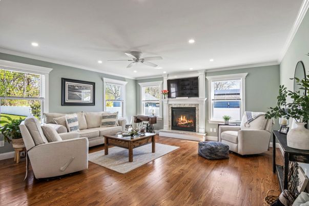 Fireplace, Interior, Living room, Recessed Lighting, Wood Texture Flooring