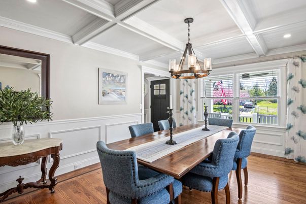 Dining room, Interior, Pendant Lights, Recessed Lighting, Wood Texture Flooring