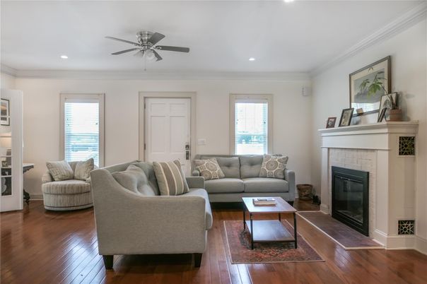 Fireplace, Interior, Living room, Recessed Lighting, Wood Texture Flooring