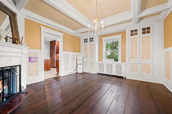 Chandelier, Empty room, Fireplace, Interior, Pendant Lights, Wood Texture Flooring