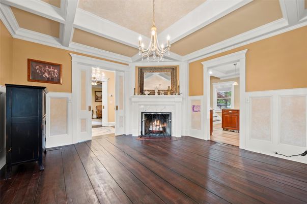 Chandelier, Empty room, Fireplace, Interior, Wood Texture Flooring