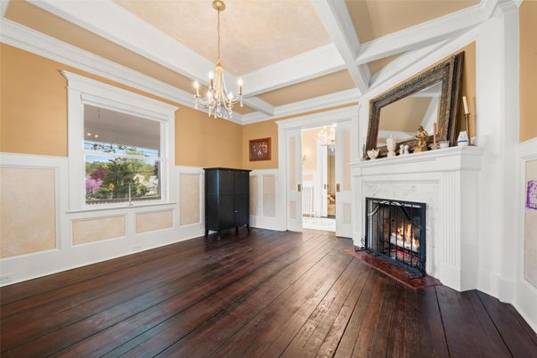 Chandelier, Empty room, Fireplace, Interior, Pendant Lights, Wood Texture Flooring
