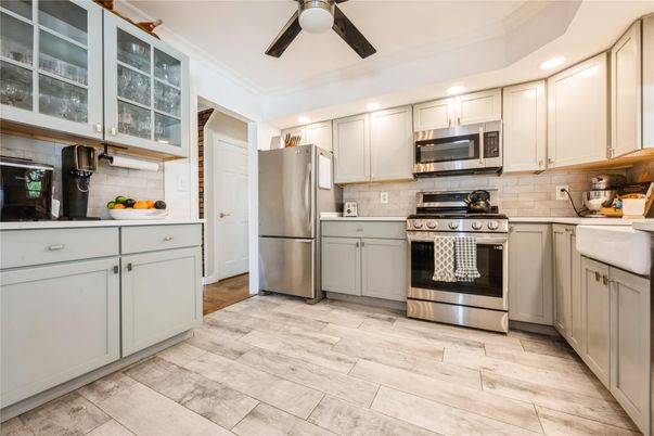 Interior, Kitchen, Recessed Lighting, Stainless Steel Appliances, Wood Texture Flooring