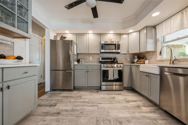 Interior, Kitchen, Recessed Lighting, Stainless Steel Appliances, Wood Texture Flooring