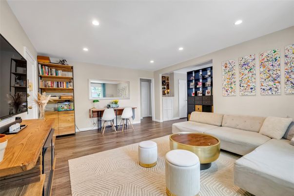 Dining room, Interior, Living room, Recessed Lighting, Wood Texture Flooring