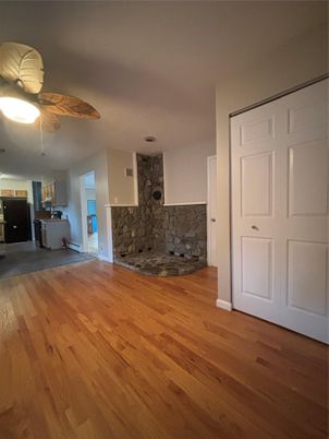 Empty room, Fireplace, Interior, Kitchen, Stone Walls, Wood Texture Flooring
