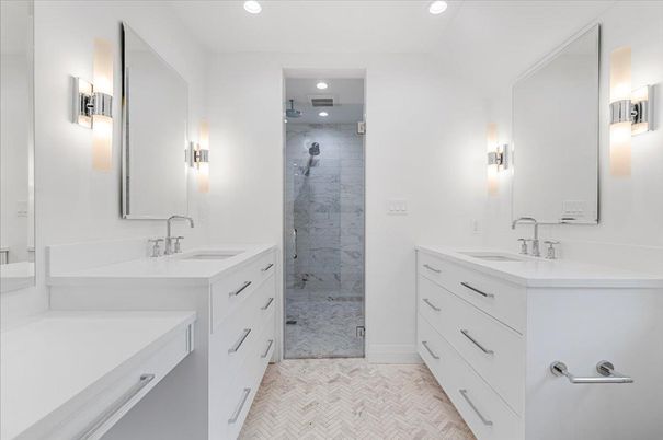 Bathroom, Dual Sink Vanities, Glass Shower, Interior, Recessed Lighting