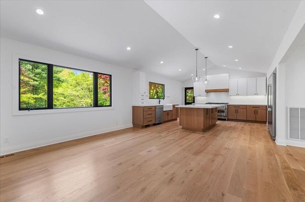 Interior, Kitchen, Pendant Lights, Recessed Lighting, Stainless Steel Appliances, Wood Texture Flooring