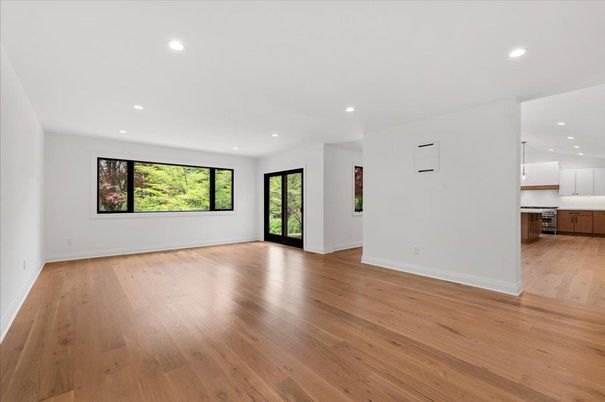 Empty room, Interior, Kitchen, Recessed Lighting, Wood Texture Flooring