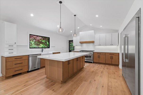 Interior, Kitchen, Pendant Lights, Recessed Lighting, Stainless Steel Appliances, Wood Texture Flooring