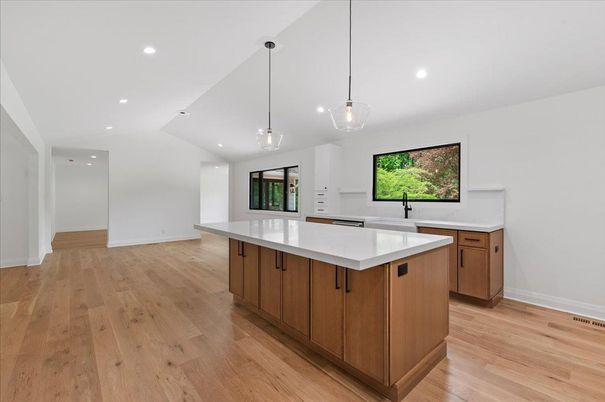Interior, Kitchen, Pendant Lights, Recessed Lighting, Wood Texture Flooring