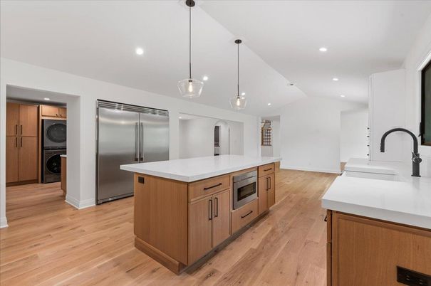 Interior, Kitchen, Pendant Lights, Recessed Lighting, Stainless Steel Appliances, Wood Texture Flooring