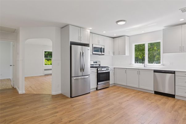 Interior, Kitchen, Recessed Lighting, Stainless Steel Appliances, Wood Texture Flooring